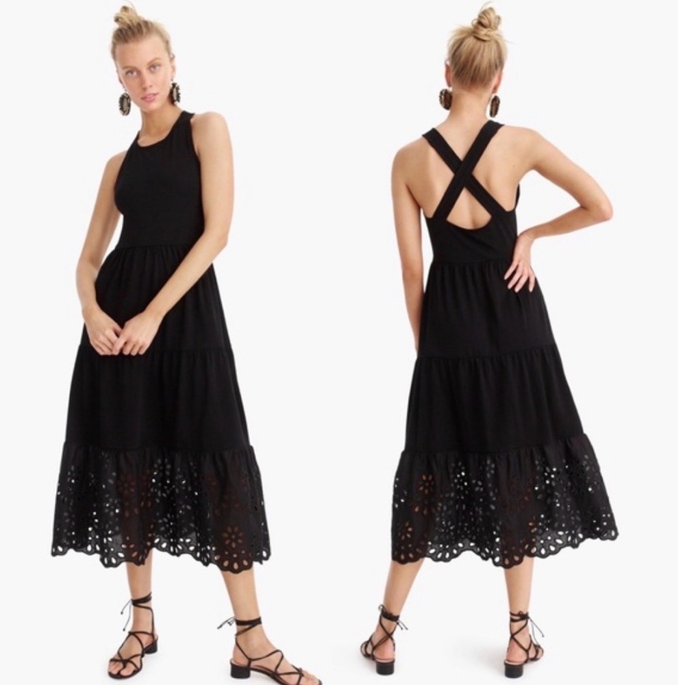 J Crew Black Tiered Knit Maxi Dress With Eyelet Trim Size M Medium